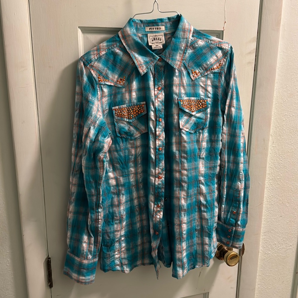 Ariat Cybil Womens Snap Front Bedazzled Metallic Roll Tab Shirt Rodeo Western.